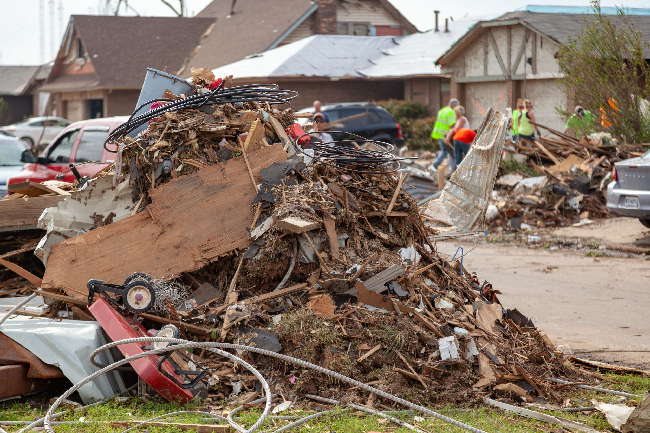 Debris Piled Up During Tornado Destruction Cleanup